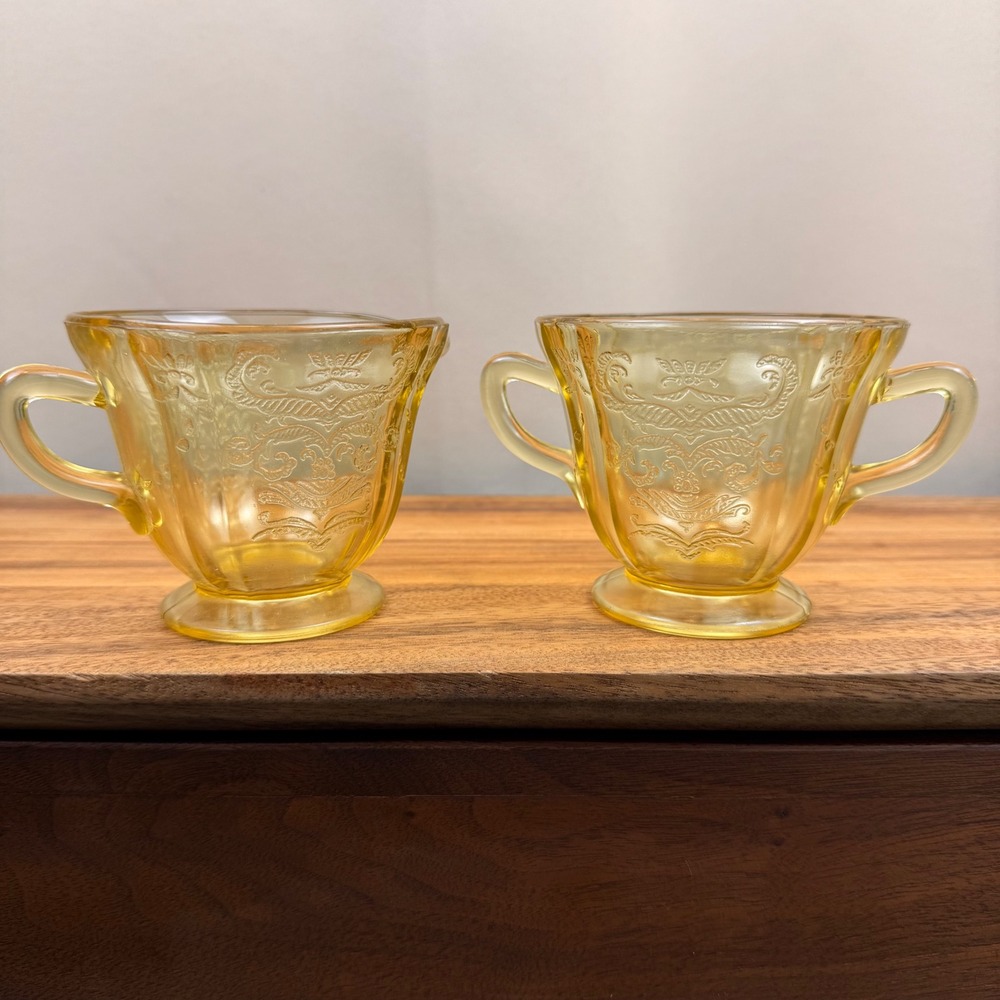 Federal Glass Madrid‎ Amber Yellow Depression Glass Creamer and Sugar Bowl Set